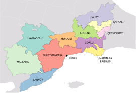 Map showing Çerkezköy District in Tekirdağ Province