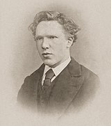 Head shot photo of the artist as a clean-shaven young man. He has thick, ill-kept, wavy hair, a high forehead, and deep-set eyes with a wary, watchful expression.