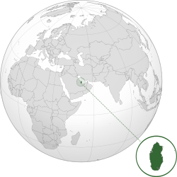 Location and extent of Qatar (dark green) on the Arabian Peninsula