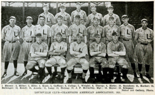 Nineteen men in light baseball uniforms