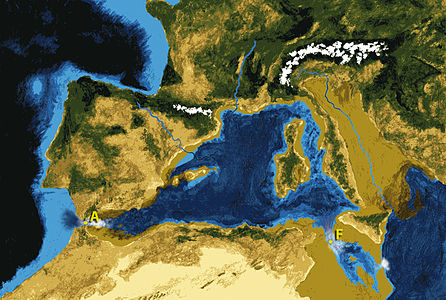 Interpretació artística de la inundació de la Mediterrània a través de l'estret de Gibraltar (A) i l'estret de Sicília (F) fa uns 5,3 milions d'anys