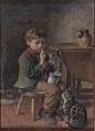 Boy blowing a bubble, being watched by a cat. Signed. Watercolour, 30.5 x 22 cm