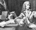 Voltaire at his desk. Engraving by Baquoy