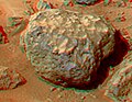 This view of the Grommit was produced by combining the "Super Panorama" frames from the IMP camera. Super resolution was applied to help to address questions about the texture of this rock and what it might tell us about its mode of origin. The composite color frames that make up this anaglyph were produced for both the right and left eye of the IMP. These composites consist of 7 frames in the right eye and 8 frames in the left eye, taken with different color filters that were enlarged by 500% and then co-added using Adobe Photoshop to produce, in effect, a super-resolution panchromatic frame that is sharper than an individual frame would be. These panchromatic frames were then colorized with the red, green, and blue filtered images from the same sequence. The color balance was adjusted to approximate the true color of Mars. The anaglyph view was produced by combining the left with the right eye color composite frames by assigning the left eye composite view to the red color plane and the right eye composite view to the green and blue color planes (cyan), to produce a stereo anaglyph mosaic. This mosaic can be viewed in 3-D on your computer monitor or in color print form by wearing red-blue 3-D glasses. Mars Pathfinder is the second in NASA's Discovery program of low-cost spacecraft with highly focused science goals. The Jet Propulsion Laboratory, Pasadena, CA, developed and manages the Mars Pathfinder mission for NASA's Office of Space Science, Washington, D.C. JPL is a division of the California Institute of Technology (Caltech). The left eye and right eye panoramas from which this anaglyph was created is available at PIA02405 andPIA02406