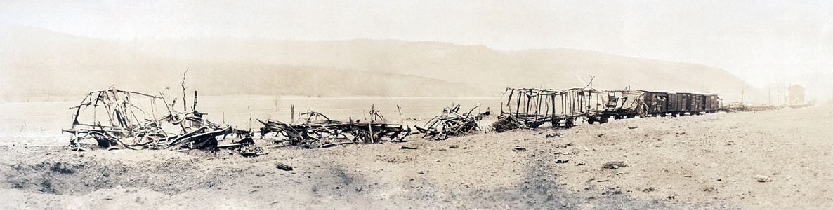 Wrecked German ammunition train at Technology during World War I, by Schutz Group photographers (edited by Durova)