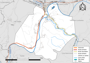 Carte en couleur présentant le réseau hydrographique de la commune