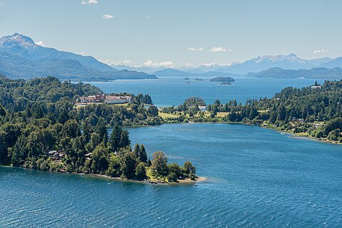 The Llao Llao Peninsula, between the Nahuel Huapi and Moreno Lakes near the Patagonian city of Bariloche, Argentina. The building in the middle is a nationally famous resort of the same name, from the 1930s.