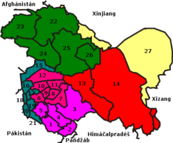 Jammu (Magenta, 1-5) as seen in the map of Kashmir