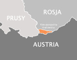 Wilayah Kota Merdeka Kraków (jingga) dengan tiga tetangganya (Kerajaan Prusia, Kekaisaran Austria, dan Kekaisaran Rusia)