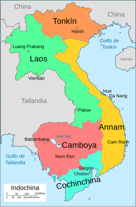 Mapa de la Indochina francesa. Tonkín (naranja) hacia el norte.