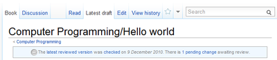 The "Latest draft" tab is selected. Full bar across screen with a grey circle stating "This is the latest reviewed version, checked as on 9 December 2010. There is 1 pending change awaiting review".