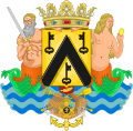 Meermann und Meerfrau als Schildhalter: Wappen von Ostende, Belgien