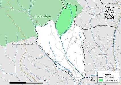 Carte de la ZNIEFF de type 1 sur la commune.