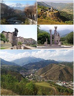 From top left: Mount Khustup and Vachagan River • Tatev Monastery Monument to David Bek • Garegin Nzhdeh's memorial Kapan skyline