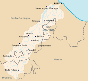 map of Valmarecchia valley. Rimini and San Marino