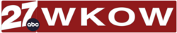 On a red background, a numeral "27" in white, slightly curved on the bottom, appears to the right of the 2021 version of ABC's logo, which is tucked in beneath the bottom-right of the "7". On its right in a larger font, the call letters "WKOW" are rendered in font that approximately matches that of the "27".