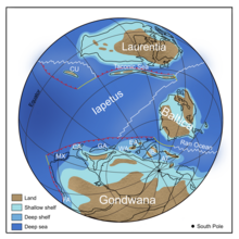 Paleogeographic map showing Gondwana close to the south pole, Laurentia at the equator and Baltica in between.