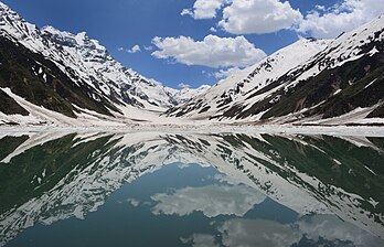 Reflets de reliefs du Bas-Himalaya sur le lac Saiful Muluk, dans Nord-Est de Khyber Pakhtunkhwa (Pakistan). (définition réelle 5 881 × 3 783)