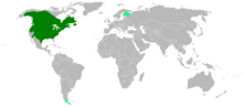 Razširjenost (temno zelena – naravna, svetlo zelena – vnešena)