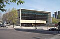 View of Rafael Alberti Public Library, at 38 Calle de Sangenjo (street) in Fuencarral-El Pardo district in Madrid (Spain). Building projected by architect Andrés Perea Ortega (b. 1940) and built in 1998