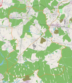 Mapa konturowa Orzesza, blisko centrum u góry znajduje się punkt z opisem „Pałac w Orzeszu-Zawiści”