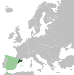 Location of the Catalan State (dark green) within Spain (light green) within Europe