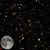 Imej Hubble Ultra-Deep Field terhadap kawasan alam semesta boleh cerap (bersamaan saiz kawasan langit ditunjukkan di sudut kiri bahagian bawah), berdekatan dengan buruj Fornax. Setiap titik cahaya ialah galaksi yang mengandungi berbilion bintang. Cahaya dari galaksi yang paling kecil ke paling kemerah-merahan wujud hampir 14 bilion tahun lalu.