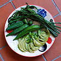 Steamed vegetables; from top to bottom: 'Cha-om' (the leaves of an acacia tree), 'krachiap khiao' (okra) and 'dok khae' (the flowers of a kind of sesbania)