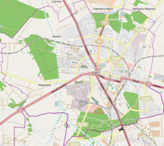 Mapa konturowa Zgierza, blisko centrum u góry znajduje się punkt z opisem „Lądowisko Zgierz-Szpital Wojewódzki”