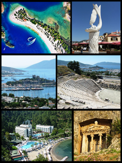 Top left: Ölüdeniz, Top right: A sculpture in مارماریس, Middle left: Castle of St. Peter in Bodrum, Middle right: Halicarnassus Theatre, Bottom left: Otel Turunç, Bottom right: Tomb of Amyntas.