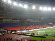 Football fans with a gigantic Go Russia! banner, featuring the Russian Bear on the background of the tricolor