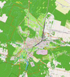 Mapa konturowa Skarżyska-Kamiennej, w centrum znajduje się punkt z opisem „Skarżysko-Kamienna”