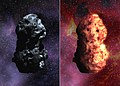 These artist's concepts of Tempel 1 simulate an optical view of the comet (left), next to the simulated infrared view (right). The images illustrate the comet's shape, reflectivity, rotation rate and surface temperature, based on information from NASA's Hubble Space Telescope and Spitzer Space Telescope. Measurements from the Great Observatories indicate that the comet is a matte black object roughly 14 by 4 kilometers (8.7 by 2.5 miles), or about one-half the size of Manhattan. At the time of these early observations, March 25-27, 2005,Tempel 1 was still far enough away from the Sun that it had not yet developed its characteristic halo of evaporating gas. Hubble and Spitzer observed the comet in visible and infrared light, respectively. The comet appeared only as an unresolved dot due to the great distance, but its general shape, size and color could be deduced from the way the visible and infrared brightness varied over time. The animation simulates an optical view of the comet, followed by its appearance in infrared. Spitzer detects the comet's infrared energy or heat, depicted by the reddish glow. The movement of the comet has been dramatically sped up to 13 seconds per rotation versus its normal rotation of about 40 hours. As the comet slowly rotates, the sunlit side heats up while the dark side cools down.