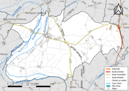 Carte en couleur présentant le réseau hydrographique de la commune