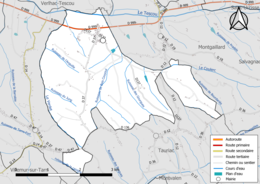 Carte en couleur présentant le réseau hydrographique de la commune