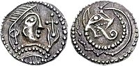 Anglo-Saxon silver sceat, Kent, c. 720. Diademed head, holding cross; reverse, wolf-headed snake.