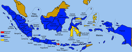 Provincies met een meerderheid voor Susilo Bambang Yudhoyono (blauw), Megawati Soekarnoputri (rood) en Jusuf Kalla (geel).