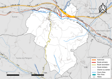 Carte en couleur présentant le réseau hydrographique de la commune