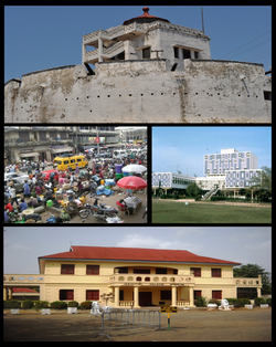 Top:Kumasi Fort, Middle left:Central market in Kejetia area, Middle right:Kwame Nkruman Science and Technology University, Bottom:Manhiya Palace Museum