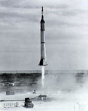 Another photo of the MR-BD launch. The truck in the foreground was there as a test. Manned Mercury-Redstone flights were supposed to have a "cherry-picker" vehicle near the rocket to provide an emergency escape route for the astronaut. The truck acted as a stand-in for the cherry-picker to determine whether it might be damaged by rocket blast.