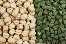 Two varieties of chickpea: the larger light tan Kabuli and variously coloured Desi chickpea. They are green when picked early and vary through tan or beige, speckled, dark brown to black. 75% of world production is of the smaller desi type. The larger garbanzo bean or hoummus was introduced into India in the 18th century.