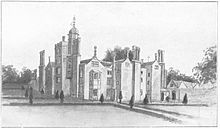 A monochrome illustration of a large medieval building, with many windows, turrets, and chimneys. Sculpted bushes surround the house, which is surrounded by fields and trees.