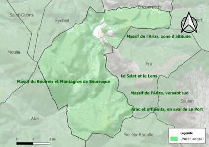 Carte des ZNIEFF de type 1 sur la commune.