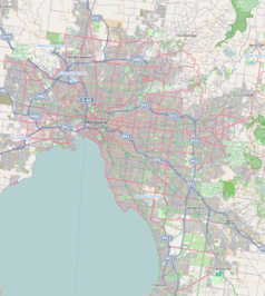 Mapa konturowa Melbourne, po lewej nieco u góry znajduje się punkt z opisem „City of Moonee Valley”