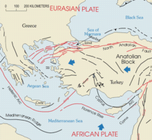 A high concentration of fault lines in northwestern Turkey, where the Eurasian and African plates meet; a few faults and ridges also appear under the Mediterranean