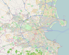 Mapa konturowa Dublina, w centrum znajduje się punkt z opisem „Universal Links on Human Rights”