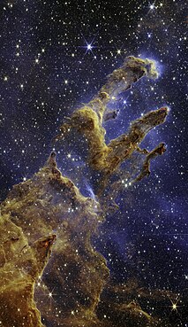 Third place: Young stars form in 'The Pillars of Creation' as seen by the James Webb Space Telescope’s near-infrared camera Atribuição: NASA, ESA, CSA, STScI; image processing by Joseph DePasquale (STScI), Anton M. Koekemoer (STScI), Alyssa Pagan (STScI) (public domain) 292 votes