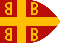 A maroon flag which has a cross at the center, the letter B is at the top and bottom to the right side of the cross, the letter B mirrored is similarly placed to the left of the cross