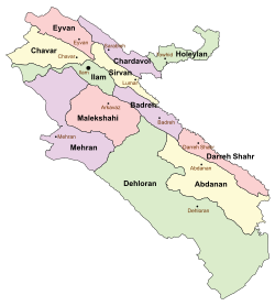 Location of Abdanan County in Ilam province (right, yellow)