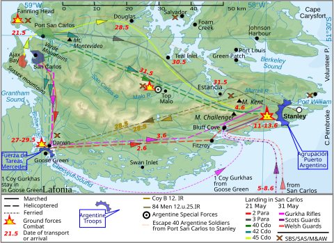 A map showing part of East Falkland. Stanley is on the east side and the landing areas around Port San Carlos and Ajax Bay on the West side.